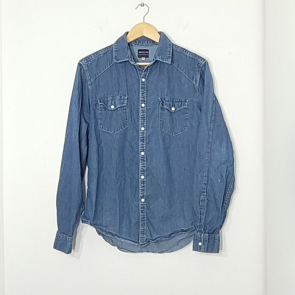 Vintage Blue Jeans Pockets Cotton Collared Slim Fit Button-Up Denim Shirt Small - Picture 2 of 14